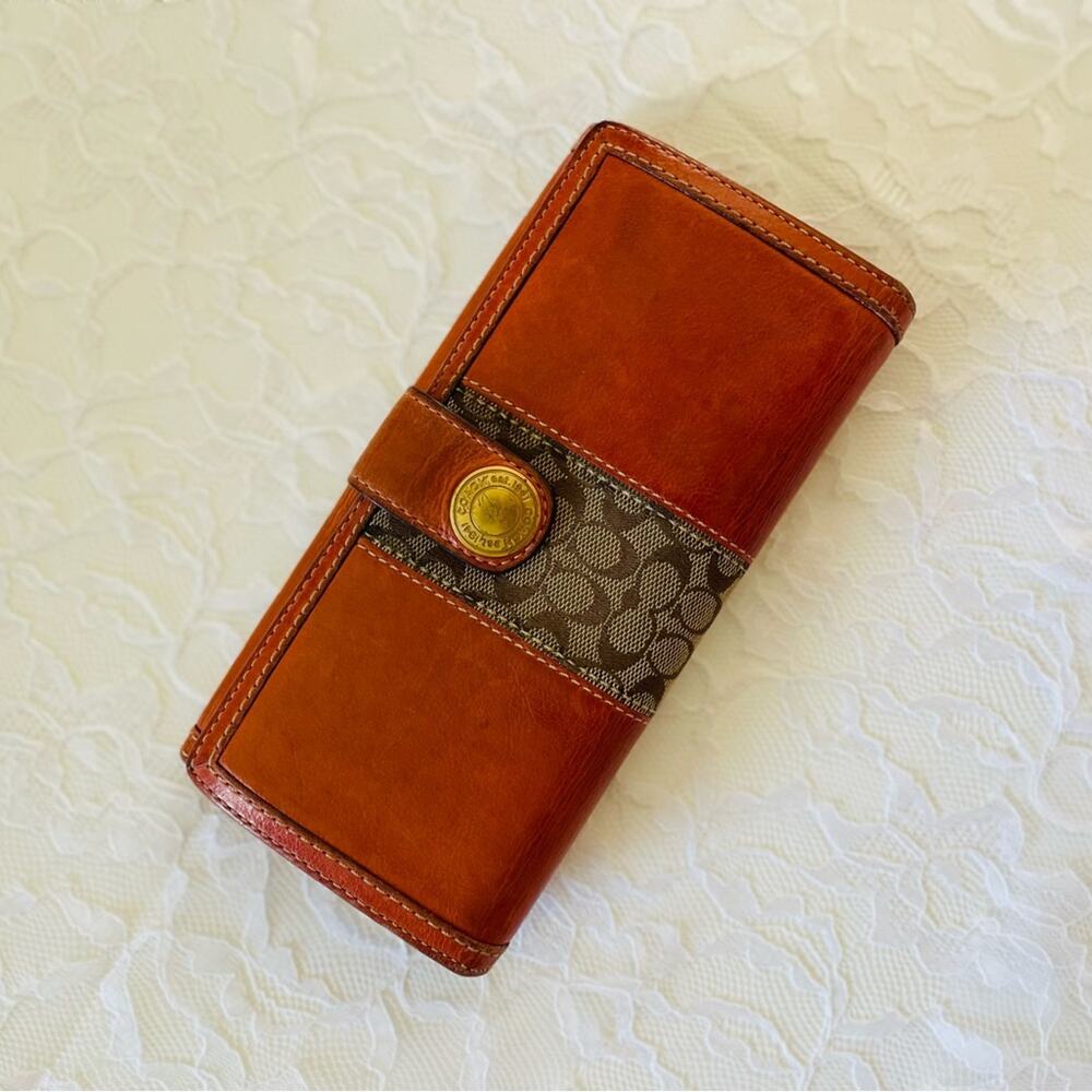 Coach Brown Leather and Signature Canvas Long Wallet